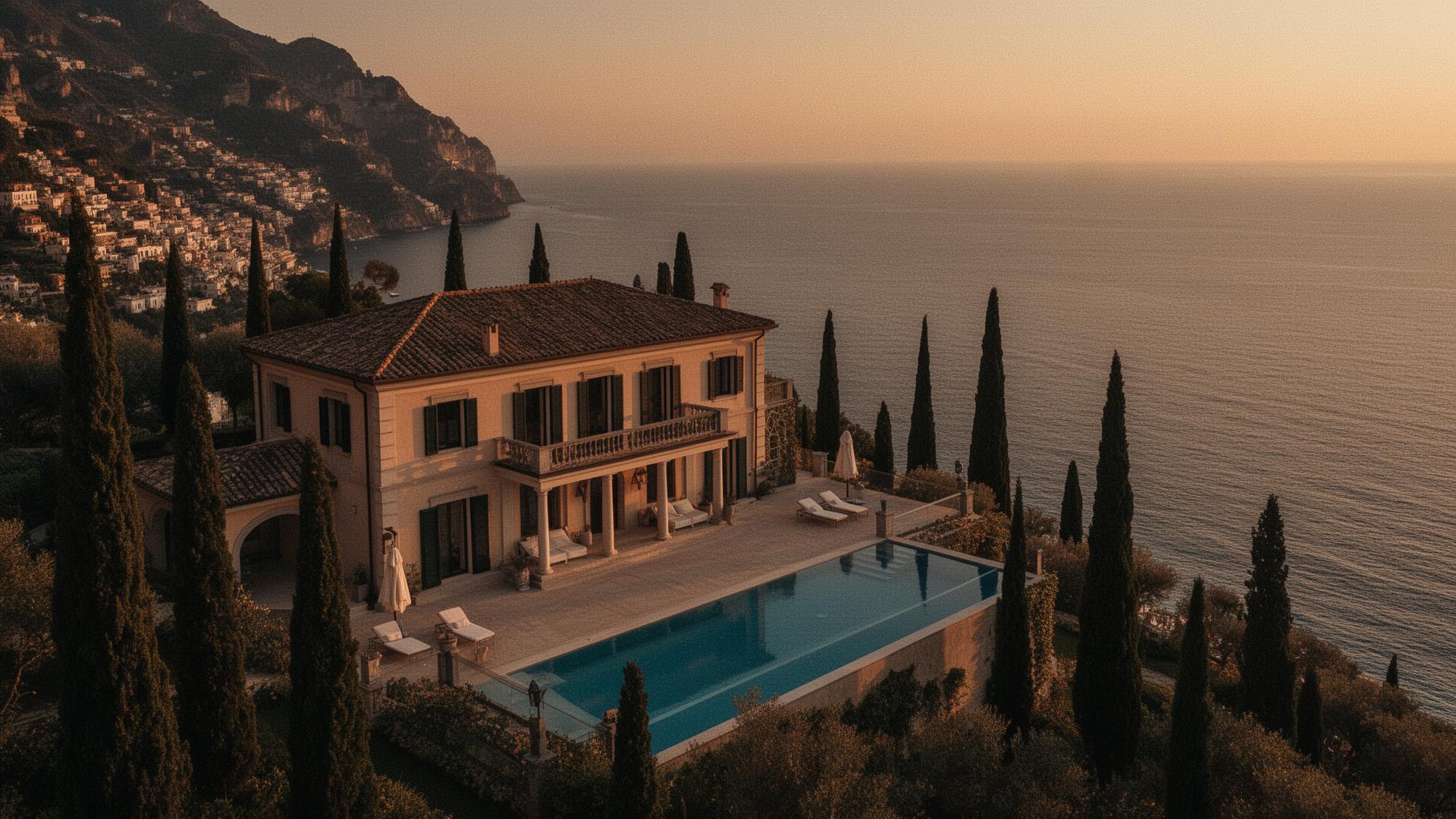 Luxury villa on the Amalfi coast at golden hour